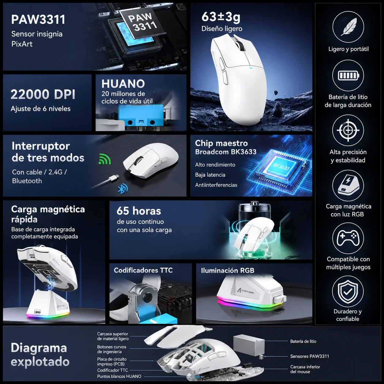 Mouse Gamer Attack Shark X11 Tri Mode 22000 DPI PAW3311 + Dock