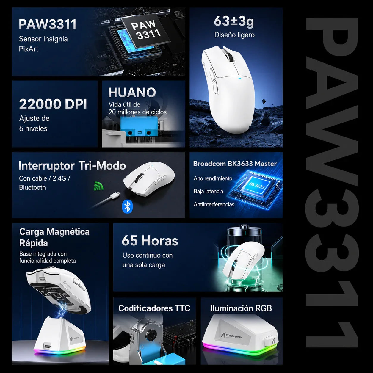 Mouse Gamer Attack Shark X11 Tri Mode 22000 DPI PAW3311 + Dock