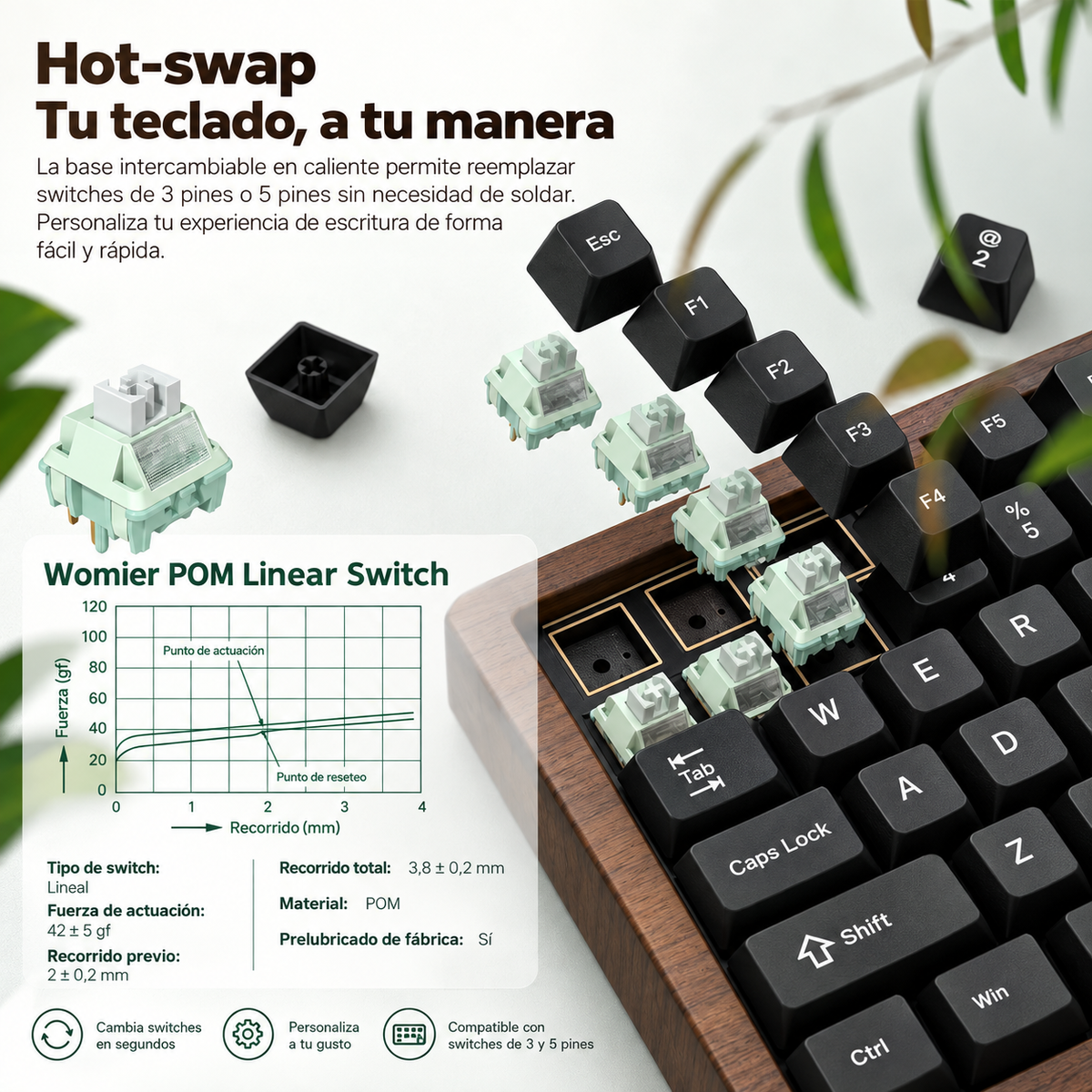 Teclado Mecánico Womier WD75 V2 Retro 75% – Madera de Nogal | VIA | Triple Conexión